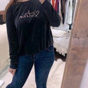 Victoria’s Secret black crushed velvet graphic sweatshirt size large open back